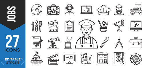 Creative Jobs Icon Set – Thin Line Editable Stroke Design for Arts, Media, Fashion & Content Careers

