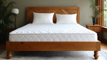 Elegant Wooden Bed Frame with Comfortable Mattress in a Cozy Bedroom Setting