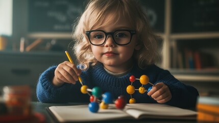 Little scientist girl playing with molecular model and pencil at home