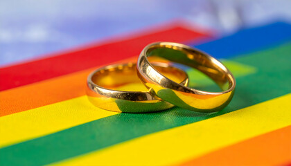 Two Gold Wedding Rings Resting on a Rainbow Flag