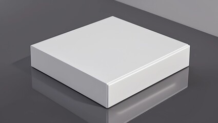 Blank white wide flat box with closed hinged flap lid on black background. 
