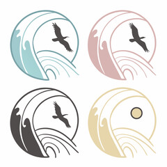 Elegant bird flying over abstract waves set