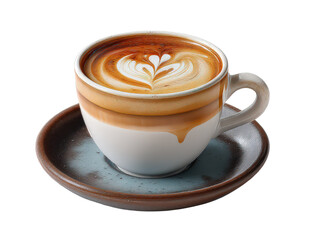 Delicious latte art coffee drink in a cup with saucer isolated transparent background