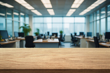 Modern office workspace with wooden desk and bright windows revealing a bustling environment