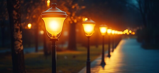 Illuminated evening path with vintage lampposts creating a warm ambiance