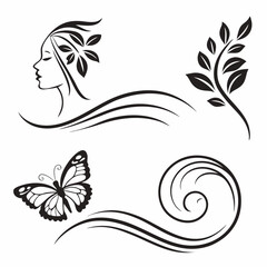 Elegant woman profile butterfly floral swirls design elements