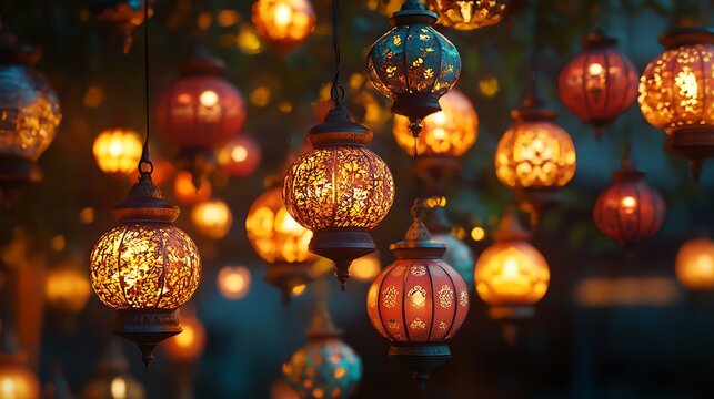 Colorful lanterns hanging in a night setting.