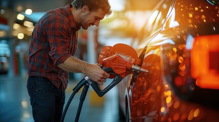 Naklejka premium Man Filling Car with Gas at Gas Station