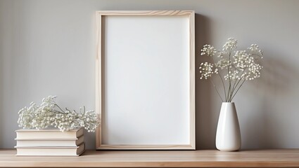 11x14 thin wood vertical frame mockup for art and quotes. Vintage stack of books and flowers as props