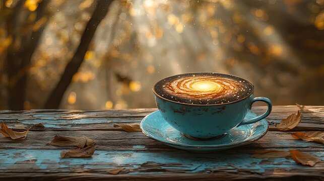 Coffee Cup with Galaxy Design on Wooden Table with Autumnal Background
