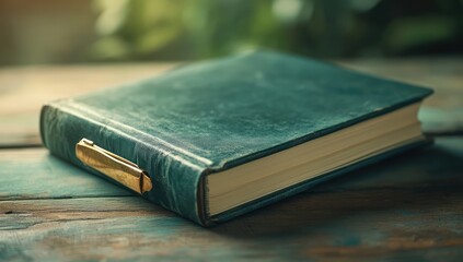 A vintage leather-bound journal with a brass pen clip and jade-green cover, resting on an antique wooden table, evokes the spirit of old-world writing and reflection.
