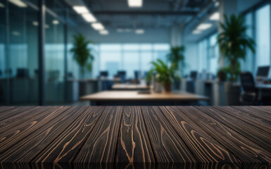 Modern office workspace with wooden tabletop and bright, open atmosphere during the day