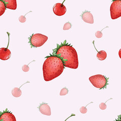A seamless watercolor pattern with strawberries and cherries. Juicy, sweet, and playful — perfect for textiles, wrapping paper, or summer-themed designs
