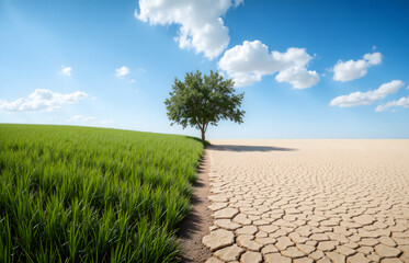Green Field and Dry Land Divided Under Blue Sky with a tree in the middle.  Save Nature Environmental Concept
