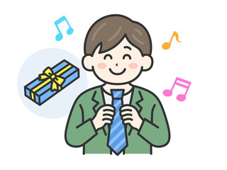 父の日に、ネクタイをプレゼントされて喜ぶ男性（線画カラー）のイラスト