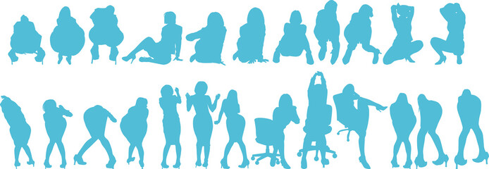 オフィスで仕事をするビジネスウーマンのシルエットイラストセット