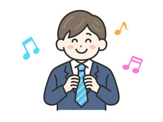 父の日に、ネクタイをプレゼントされて喜ぶ、スーツを着た男性（線画カラー）のイラスト