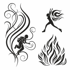 Woman jumping through flames abstract design