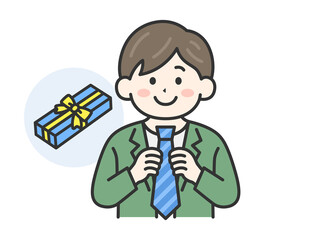 父の日に、ネクタイをプレゼントされた男性（線画カラー）のイラスト