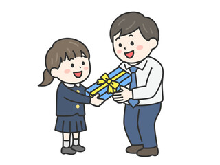 父の日に、父親にプレゼントを渡す、女の子（線画カラー）のイラスト