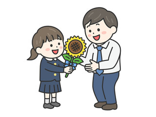 父の日に、父親に向日葵の花を渡す、女の子（線画カラー）のイラスト