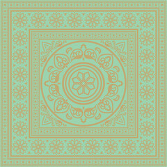 Vector square gold with green ancient Russian ornament. Slavic rectangle, border, frame. Painting of the royal chambers.
