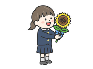 父の日に、向日葵の花を渡す、女の子（線画カラー）のイラスト