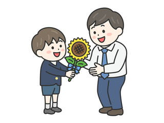 父の日に、父親に向日葵の花を渡す、男の子（線画カラー）のイラスト