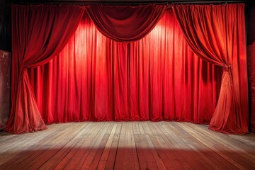 Fototapeta premium Red velvet curtains frame a bright wooden stage, ready for performance. It's perfect for theater productions, presentations, or product placement.