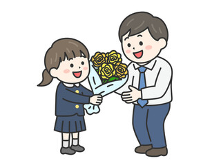 父の日に、父親に黄色の薔薇の花束を渡す、女の子（線画カラー）のイラスト