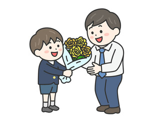 父の日に、父親に黄色の薔薇の花束を渡す、男の子（線画カラー）のイラスト