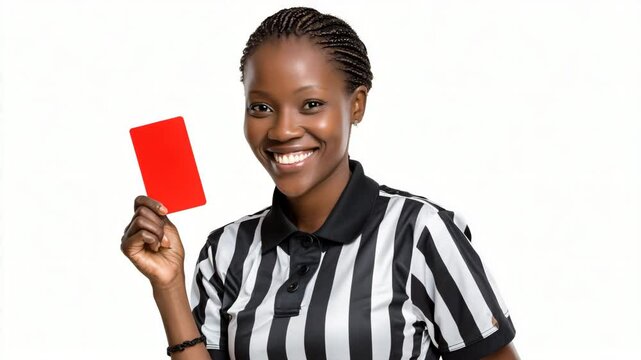 Happy female youth referee raising red card with bright smile, ideal for friendly sports content Video 4K UHD 60 FPS
