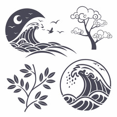 Elegant nature icons set wave tree leaves moon
