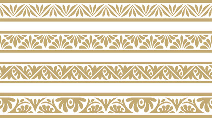Vector set of golden seamless classic byzantine ornament. Endless border, Ancient Greece, Eastern Roman Empire frame. Decoration of the Russian Orthodox Church
