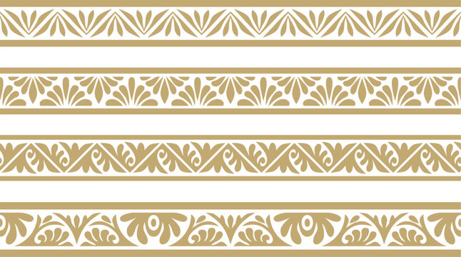 Vector set of golden seamless classic byzantine ornament. Endless border, Ancient Greece, Eastern Roman Empire frame. Decoration of the Russian Orthodox Church
