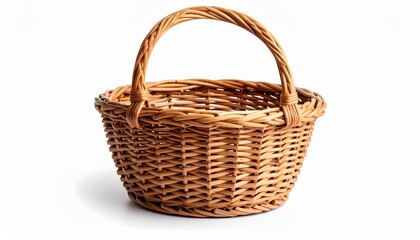 A rustic woven basket with a sturdy handle, placed against a clean white background