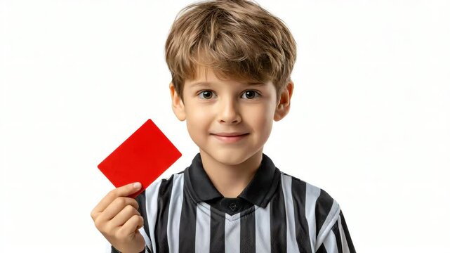 Smiling teen referee raising red card in studio lighting, perfect for fair play and sportsmanship visuals Video 4K UHD 60 FPS