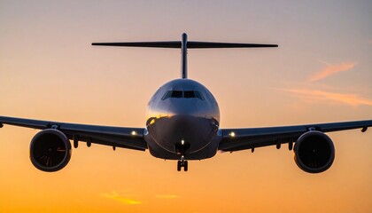 Commercial Airplane in Flight at Sunset