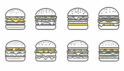 Pixel Art Illustration of Eight Different Burgers