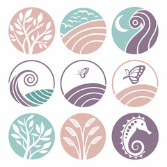 Nine elegant nature icons set, isolated, transparent background
