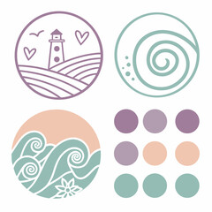Coastal design elements lighthouse waves swirls color palette