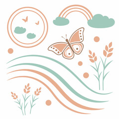 Pastel butterfly meadow rainbow dreamy illustration