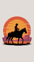 Fototapeta premium Lone Cowboy on Horseback Silhouetted Against a Fiery Sunset in a Desert Canyon Landscape – Western Illustration Art