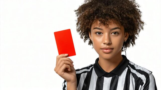 Young black girl referee holding red card in striped uniform with composed confidence, shot in studio lighting Video 4K UHD 60 FPS