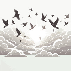 a flock of birds flying freely in white clouds