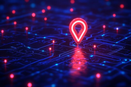 A glowing red location pin on a digital circuit board with neon blue lines and red dots