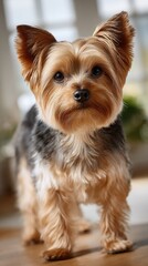 A fluffy Morkie walks playfully across the wooden floor of a sunny Scandinavian apartment with modern furniture and charming decor