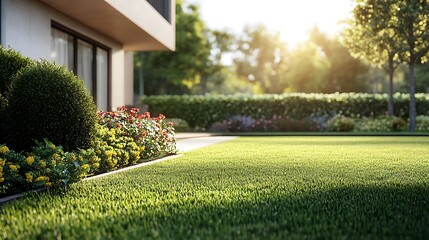 Sunlit residential garden with manicured lawn colorful floral border and tranquil backyard environment image