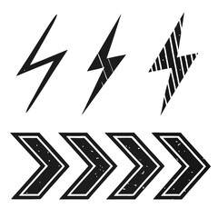 Bold black lightning bolts and chevron arrows design elements