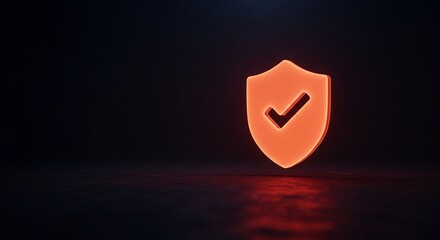 Glowing Orange Neon Shield Check Mark on Dark Background